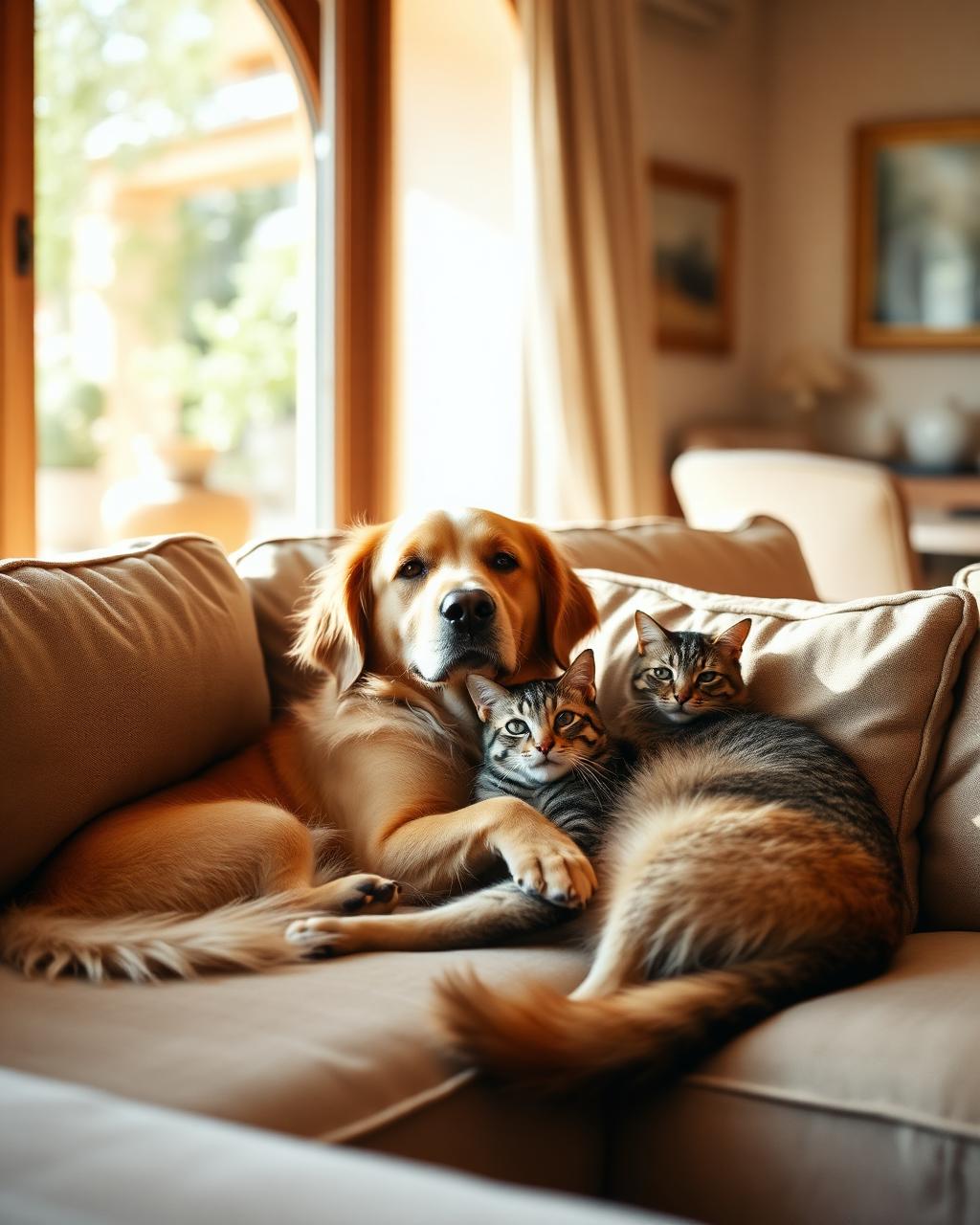Chien et chat câlinés sur un canapé